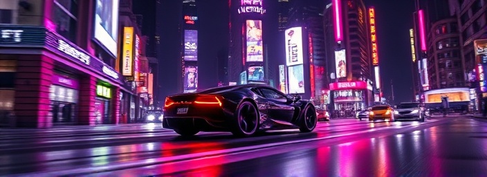 futuristic car model Y, dynamic, accelerating on a neon-lit city street, photorealistic, towering skyscrapers with luminous billboards, highly detailed, reflections from wet pavement, midnight purple, low-light conditions with vibrant neon, shot with an 85mm lens