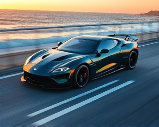 sports new car, aggressive stance, speeding, photorealistic, seaside highway with crashing waves, highly detailed, dynamic motion, vivid blue, golden hour lighting, shot with a telephoto lens