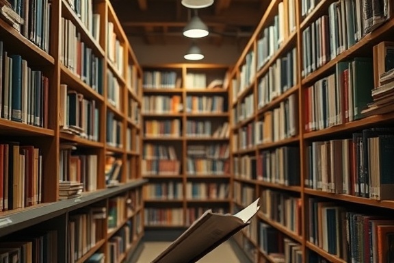 Thoughtful tradein estimate, pondering, reviewing values, photorealistic, a cozy library with wooden shelves and books, highly detailed, soft paper rustling, neutral, ambient lighting, shot with an 85mm lens.