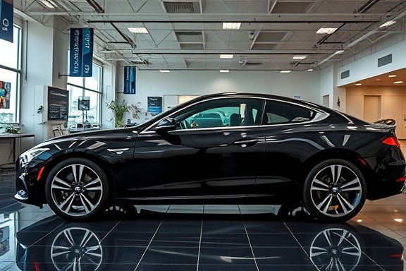 sleek black used car, side profile, on display, photorealistic, modern indoor showroom with glossy tiles, highly detailed, banners and price tags visible, 8k resolution, polished black, studio lighting, shot with a macro lens