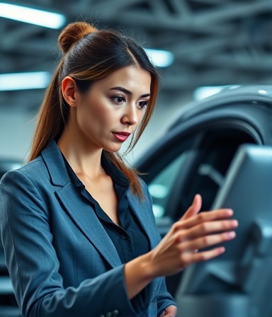 Female financier, confident and knowledgeable, explaining car leasing options to a client, photorealistic, in a high-tech dealership with digital interfaces, highly detailed, slight head nods and engaging gestures, Nikon 105mm f/2.8 lens, cool blues and grays, modern LED lighting, shot with a macro lens.