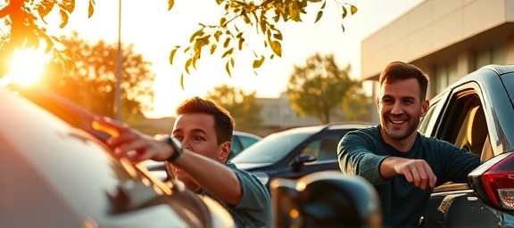 Affordable special offers, amazed individuals, test driving vehicles, photorealistic, suburban dealership, highly detailed, leaves rustling in the wind, natural tones, golden hour lighting, shot with a 70-200mm lens.