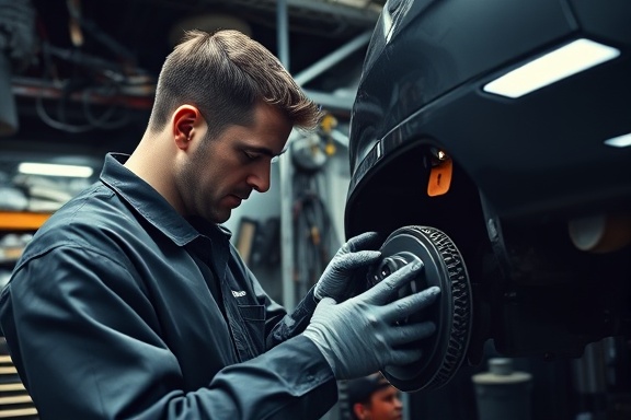 vehicle inspector, meticulous, checking car brakes, photorealistic, cluttered garage filled with maintenance tools, highly detailed, grease and oil textures, fine grain, neutral tones, overhead lighting, shot with a 24mm lens