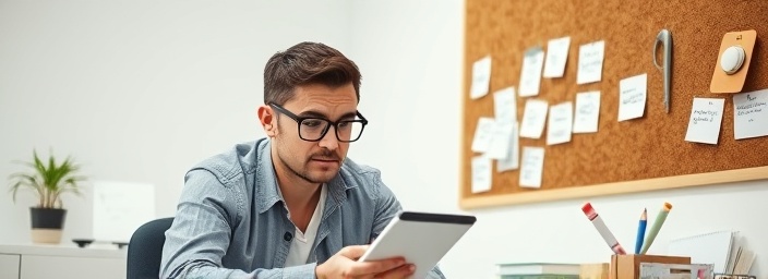 Curious tradein value, wearing glasses, inspecting a product, photorealistic, simple white office with a corkboard full of notes, highly detailed, handwritten notes on desk, neutral, soft indoor lighting, shot with a 50mm lens.