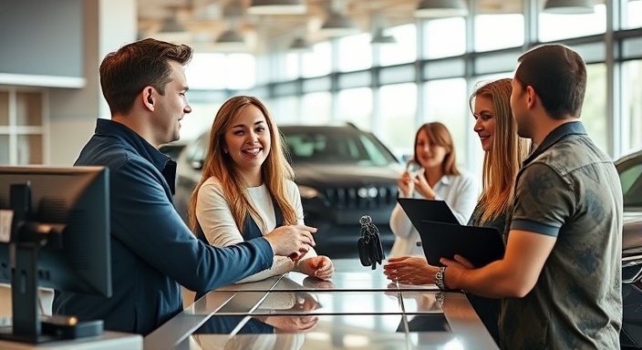happy dealership staff, chatting, offering keys, photorealistic, at the counter with a register and display screen, highly detailed, customers receiving car keys, ultra-clear image, earthy tones, soft lighting, shot with a 50mm standard lens.