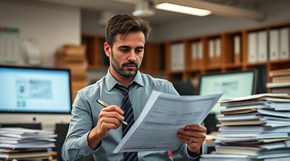 Finance manager, professional and attentive, reviewing auto loan documents, photorealistic, in a well-organized office with stacks of files and computer screens, highly detailed, slight pen movements and document shuffling, Fujifilm 56mm f/1.2 lens, muted earth tones, overhead office lighting, shot with a portrait lens.