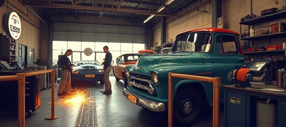 vintage car dealership, nostalgic expression, mechanics working on a classic car, photorealistic, spacious garage with old tools and equipment, highly detailed, sparks flying from welding, warm tones, industrial lighting, shot with an 85mm lens