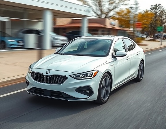 white used car, angled front view, test-driven, photorealistic, suburban street outside dealership, highly detailed, motion blur from driving, hyper-real clarity, pure white, bright daylight, shot with a telephoto lens