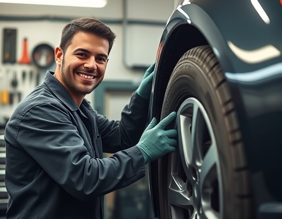 mechanic, smiling, replacing car tire, photorealistic, well-lit maintenance garage with organized tools, highly detailed, tire tread details, textured realism, natural color grading, directional lighting, shot with an 85mm lens