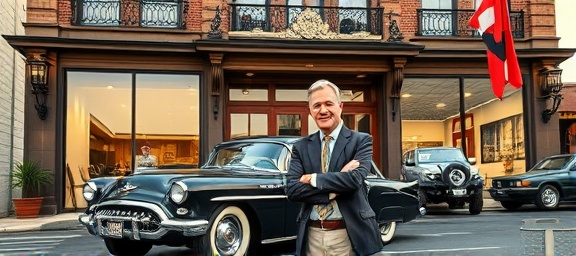 historic dealership, proud expression, owner posing next to a classic car, photorealistic, ornate storefront with large glass windows, highly detailed, slight breeze moving flags, rich and inviting color palette, afternoon lighting, shot with a 50mm lens