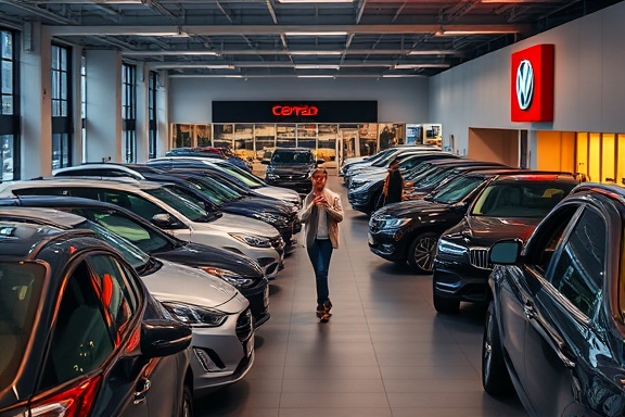 evening dealership showroom, busy, showcasing cars, photorealistic, cars illuminated by interior lights, highly detailed, families and individuals walking around, high resolution, warm interior lights, soft evening light, shot with a 24mm wide-angle lens.