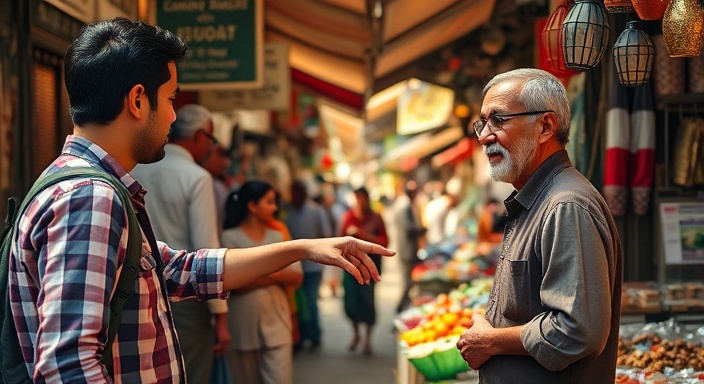 Engaged tradein market, negotiating, pointing at an item, photorealistic, busy market street with diverse vendors and products, highly detailed, animated gestures and expressions, warm, afternoon sunlight, shot with a 35mm lens.