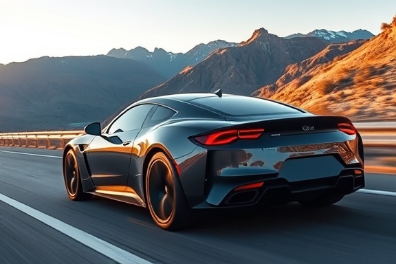 sleek car model X exterior, striking design, driving on a scenic highway, photorealistic, with mountains in the background and clear blue sky, highly detailed, motion blur elements, f/11, ISO 200, vibrant colors, golden hour lighting, shot with a 35mm lens.