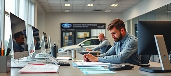 calm dealership interior, focused, taking notes, photorealistic, desk with multiple documents and electronic devices, highly detailed, staff members writing and using computers, ultra-clear detail, neutral palette, task lighting, shot with a 50mm standard lens.