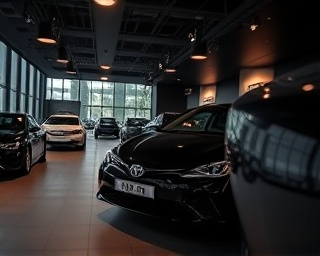 luxurious car stock, premium look, showcased, photorealistic, high-end dealership with leather furniture, highly detailed, subtle reflections, narrow depth of field, elegant black, soft ambient lighting, shot with an 85mm lens