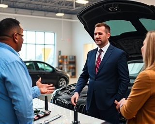 professional dealership staff, courteous, explaining features, photorealistic, next to a high-end car with open hood, highly detailed, customers listening intently, pin-sharp image, vivid colors, natural light, shot with a 85mm portrait lens.