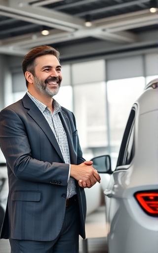 Satisfied client, receiving finance approval for a new car, expressing gratitude, photorealistic, in a contemporary office with minimalistic decor, highly detailed, subtle gesture of handshake, Canon 24-70mm f/2.8 lens, classy monochrome colors, soft ambient light, shot with a wide-angle lens.