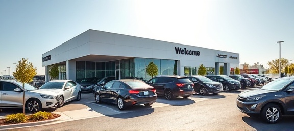 sunny dealership exterior, welcoming, test driving, photorealistic, dealership building with wide glass facade and visible signs, highly detailed, cars moving in and out, high-definition, bright sunny day, natural lighting, shot with a 35mm standard lens.