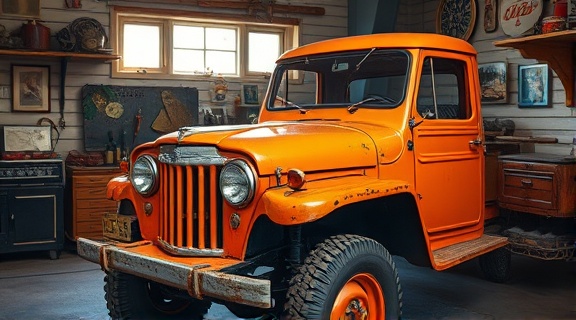 classic Y details, nostalgic, parked in a vintage garage, photorealistic, old tools and memorabilia scattered around, highly detailed, slight rust and patina, burnt orange, soft nostalgic lighting, shot with a 50mm lens