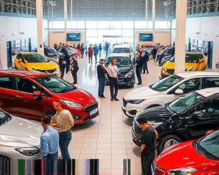busy dealership showroom, lively, negotiating, photorealistic, many customers and staff interacting, highly detailed, cars with opened doors and hoods, super crisp detail, colorful cars, balanced lighting, shot with a 24mm wide-angle lens.