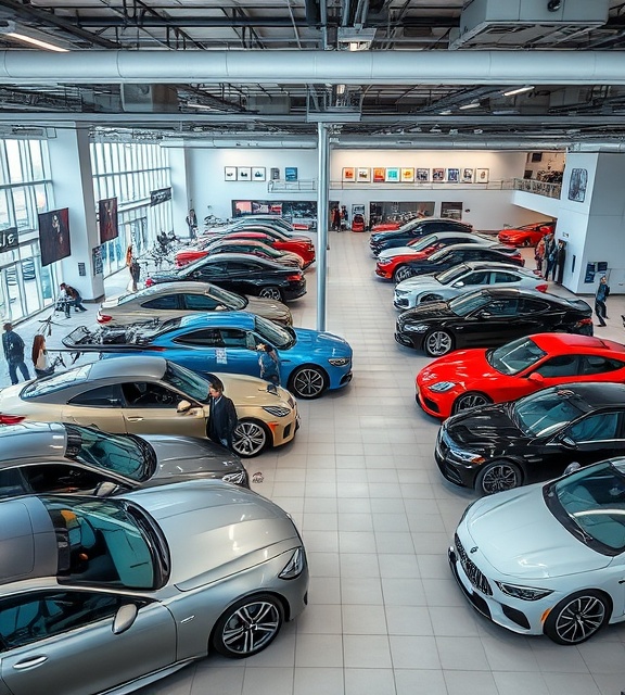 organized dealership showroom, busy, arranging cars, photorealistic, highly structured layout with luxury car models, highly detailed, staff and customers present, super crisp focus, colorful display cars, ambient lighting, shot with a 24mm wide-angle lens.