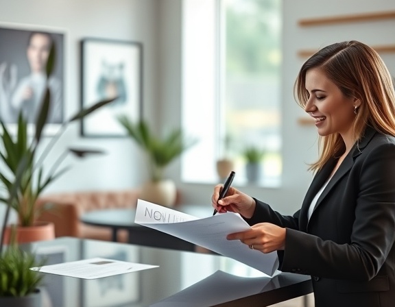 Young professional couple, relieved and happy, signing vehicle credit paperwork, photorealistic, in a stylish finance office with plants and artworks, highly detailed, gentle hand movements and light page rustling, Sony 85mm f/1.8 lens, pastel hues, diffused office lighting, shot with a portrait lens.