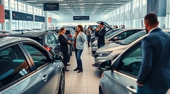 interactive dealership showroom, bustling, inspecting vehicles, photorealistic, multiple customers engaging with displayed cars, highly detailed, open car doors and lit dashboards, crystal-clear quality, vibrant hues, soft daylight, shot with a 24mm wide-angle lens.