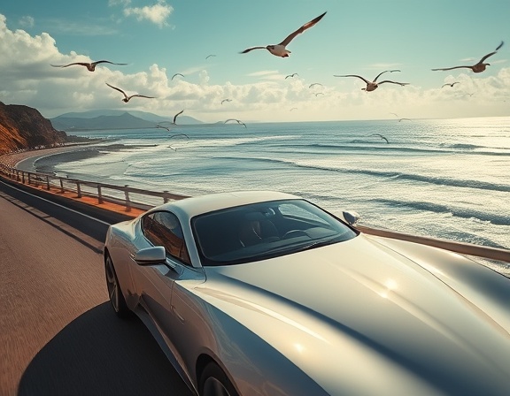 luxurious car Y, serene, cruising along a coastal highway, photorealistic, ocean waves crashing on the shore and seagulls in the sky, highly detailed, sunlight glinting off the surface, pearl white, golden hour lighting, shot with a 24mm lens