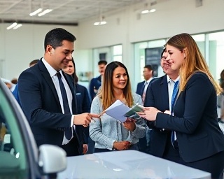 dealership staff, friendly, assisting customers, photorealistic, inside a well-lit office with modern furniture, highly detailed, people pointing at paperwork and screens, ultra-sharp focus, neutral colors, diffused lighting, shot with an 85mm portrait lens.