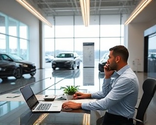 elegant dealership office, polite, making a call, photorealistic, chic office with a view of the showroom, highly detailed, staff on phone with laptops and documents on the desk, crystal-clear focus, modern tones, overhead LED lighting, shot with a 50mm standard lens.