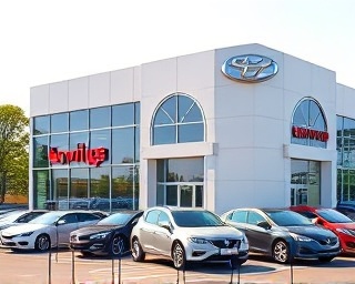 sleek dealership exterior, vibrant, greeting, photorealistic, architecturally striking building with large glass windows and branded signage, highly detailed, cars parked in orderly rows, ultra-high resolution, bright daylight, natural light, shot with a 35mm standard lens.
