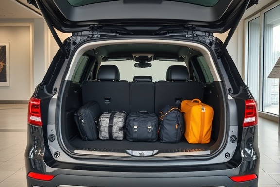 spacious car model X trunk, neatly organized, displaying the large storage capacity, photorealistic, in a modern setting with luggage and bags, highly detailed, textured surfaces and shadows, f/4.0, ISO 200, neutral tones, natural lighting, shot with a 35mm lens.