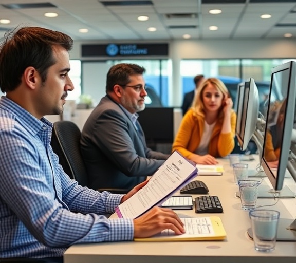 active dealership staff, engaging, explaining purchase options, photorealistic, at individual desks with computer monitors and files, highly detailed, customers attentively listening, ultra-sharp quality, bright but natural tones, office lighting, shot with a 50mm standard lens.