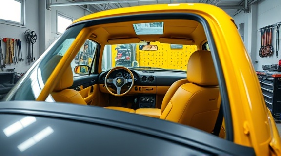 yellow used car, interior view, serviced, photorealistic, inside a dealership garage with tools on walls, highly detailed, leather seats and dashboard visible, 8k texture, vibrant yellow upholstery, soft diffused lighting, shot with a wide-angle lens