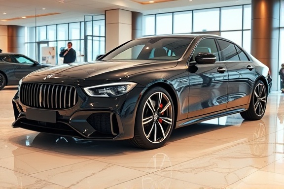 elegant car Y, poised, displayed in a high-end showroom, photorealistic, polished marble floors and glass walls, highly detailed, gleaming bodywork, jet black, bright indoor lighting, shot with a 24-70mm zoom lens