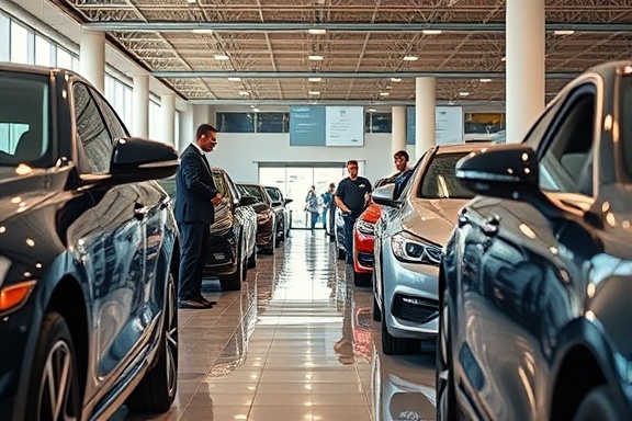 Unmissable car deals, satisfied customers, signing contracts, photorealistic, pristine dealership floor, highly detailed, light reflections from cars, intricate textures, warm colors, overhead fluorescent lighting, shot with a 50mm lens.