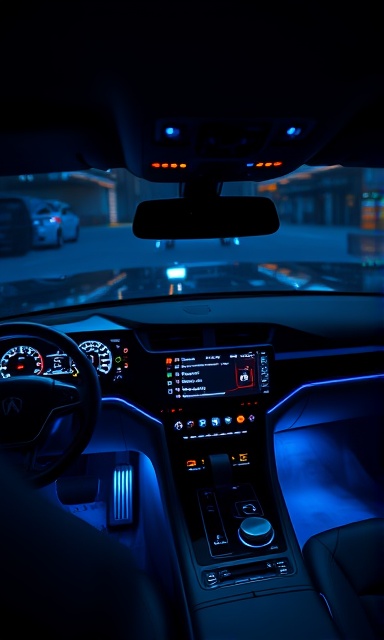 futuristic car model X dashboard, illuminated and interactive, showcasing the digital displays and controls, photorealistic, inside a dim-lit cabin with ambient blue lighting, highly detailed, reflections and fingerprints, f/2.0, ISO 800, cool tones, low-key lighting, shot with a 24mm lens.