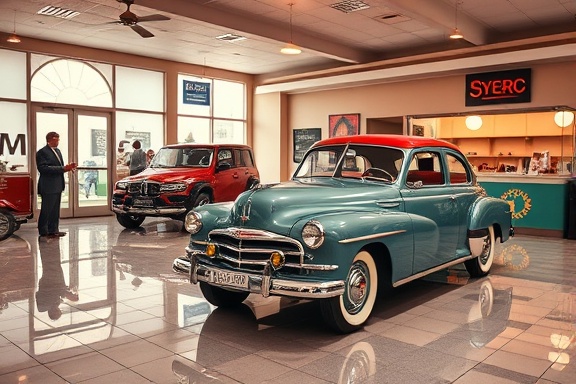 classic dealership, inviting expression, vintage car in the foreground, photorealistic, art deco showroom with tiled floors, highly detailed, people looking through the windows, vibrant colors, soft interior lighting, shot with a 24mm lens