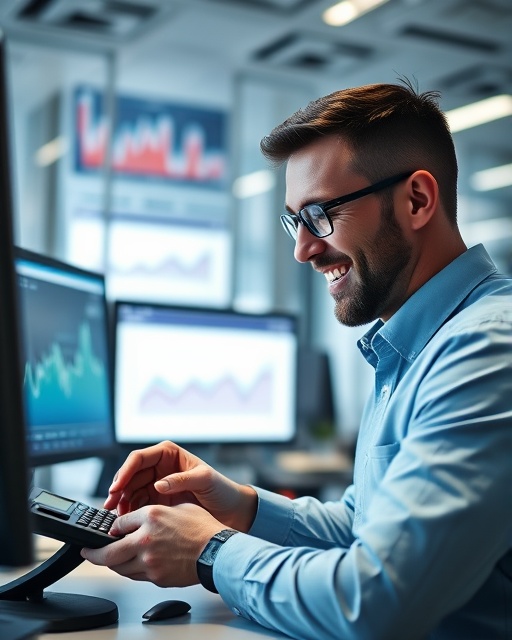 Concentrated tradein calculator, smiling, inputting data, photorealistic, modern office space with multiple computer screens, highly detailed, data charts hovering in the background, crisp and clear, cool tones, artificial lighting, shot with a 70mm lens.