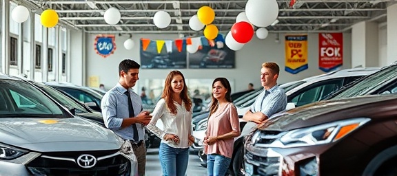 Attractive car promotions, cheerful families, consulting with salespersons, photorealistic, modern showroom, highly detailed, balloons and banners, high-resolution, deep contrasts, soft box lighting, shot with a 24mm lens.