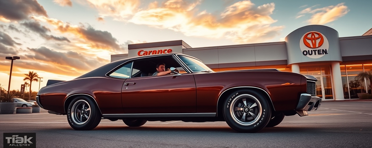 Classic muscle car, enthusiastic shopper, taking a test drive, photorealistic, dealership exterior near the entrance with potted plants, highly detailed, moving clouds in the sky, 12K resolution, vibrant yellow, golden hour lighting, shot with a 24mm lens.