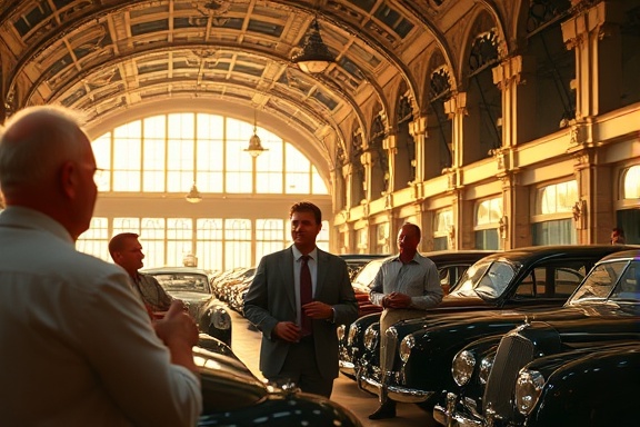 historic car dealership, timeless expression, people conversing, photorealistic, grand architecture with high ornate ceilings, highly detailed, cars from different eras, warm golden hour lighting, shot with a 35mm lens