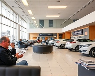 detailed dealership interior, clean, browsing car brochures, photorealistic, large reception area with catalogs and comfortable seating, highly detailed, customers sitting and reading, high-resolution image, warm neutral tones, diffuse lighting, shot with a 24mm wide-angle lens.
