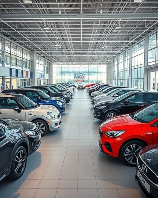 modern car inventory, expansive display, organized, photorealistic, spacious showroom with glass walls, highly detailed, bright environment, excellent depth of field, vibrant colors, artificial lighting, shot with an ultra-wide-angle lens