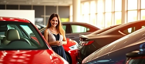 Luxurious discount cars, smiling customers, browsing through options, photorealistic, indoor showroom, highly detailed, glossy surfaces and reflections, rich colors, soft ambient lighting, shot with an 85mm lens.