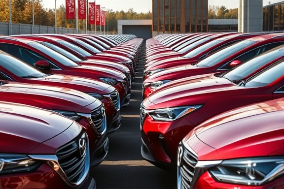 brand new vehicles, stylish exteriors, aligned in rows, photorealistic, dealership lot with banners, highly detailed, clean surfaces, moderately wide perspective, glossy red finishes, afternoon sunlight, shot with a 50mm lens