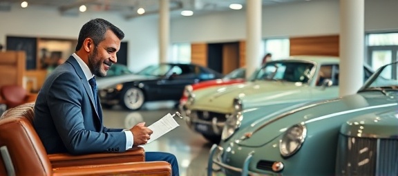 classic car dealership, sophisticated expression, customer signing paperwork, photorealistic, stylish showroom with leather chairs and wooden tables, highly detailed, light reflecting off polished floors, soft pastel colors, indoor lighting, shot with a 35mm lens