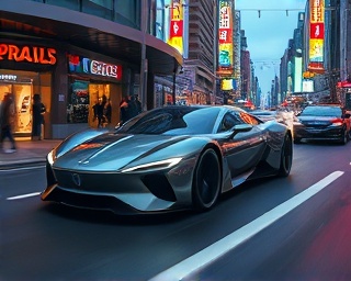 futuristic modern car, futuristic design, cruising, photorealistic, busy city street with neon signs, highly detailed, motion blur, rich contrasts, chrome silver, twilight lighting, shot with a 24mm lens