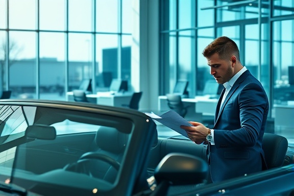 Stylish convertible, serious customer, reviewing contract, photorealistic, dealership office with glass walls and desks, highly detailed, dynamic postures of both, 8K resolution, deep blue, natural sunlight filtering in, shot with a 50mm lens.