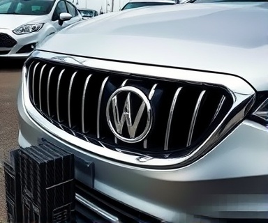 silver used car, close-up of the grille, inspected, photorealistic, open-air lot with other vehicles in the background, highly detailed, reflections on the chrome, ultimate clarity, metallic silver, overcast lighting, shot with a macro lens